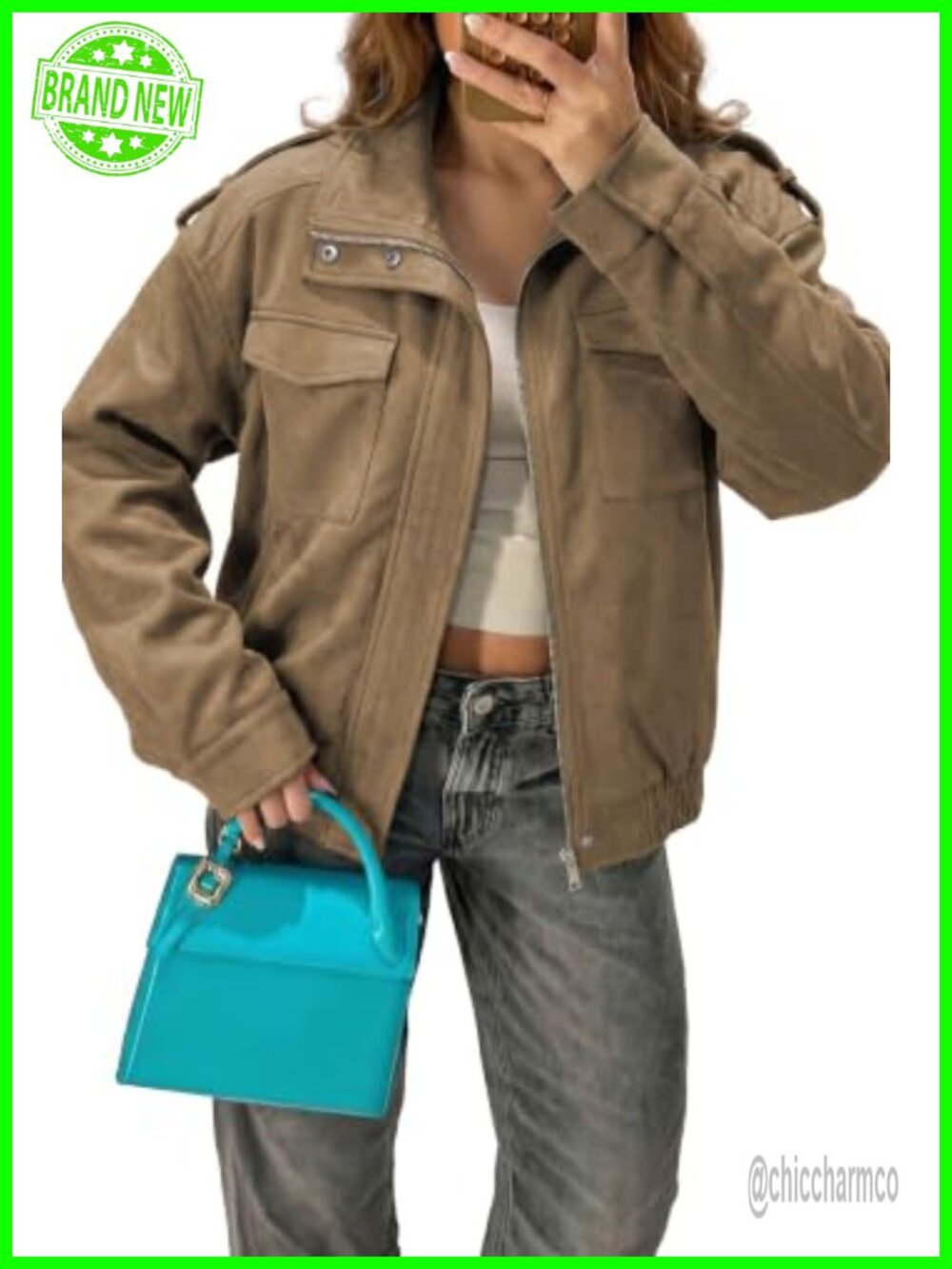 Faux Suede Bomber Jacket Cropped Long Sleeve Zip Up Casual Fall Coat